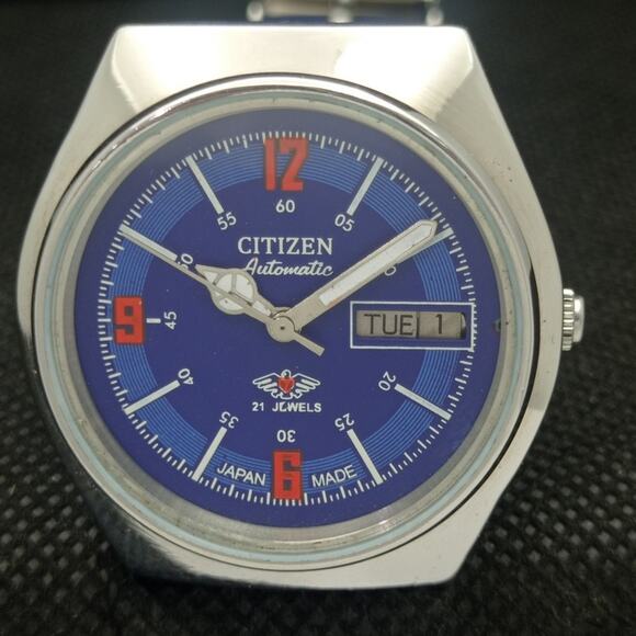 Vintage 1985 Citizen Automatic Mens Silver Watch W/daydate & Blue accents - Picture 3 of 8
